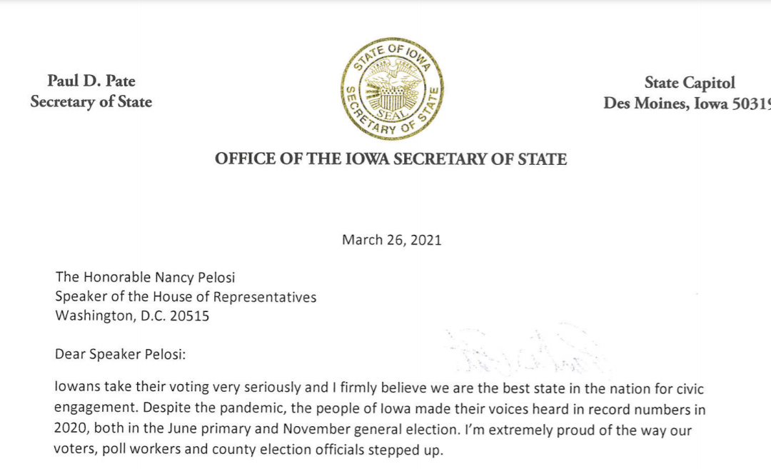 Letter: Secretary Pate Asks Pelosi to Let Iowa Certification Process Stand